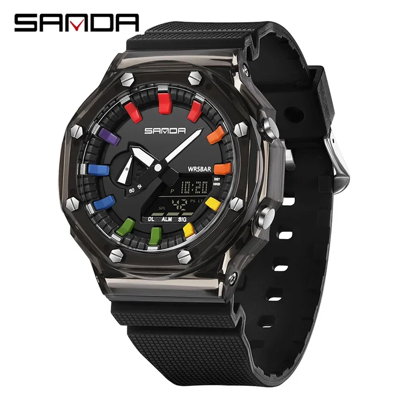 

Часы наручные Sanda мужские электронные, прозрачные многофункциональные модные, в Корейском стиле, для дайвинга, с будильником Shockpr3341