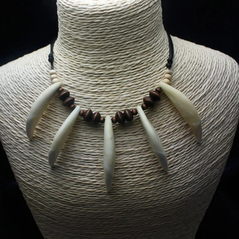 Tribal Wolf Tooth Pendant Leather Necklace with Beaded Accents