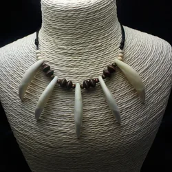 Tribal Wolf Tooth Pendant Leather Necklace with Beaded Accents (Black)