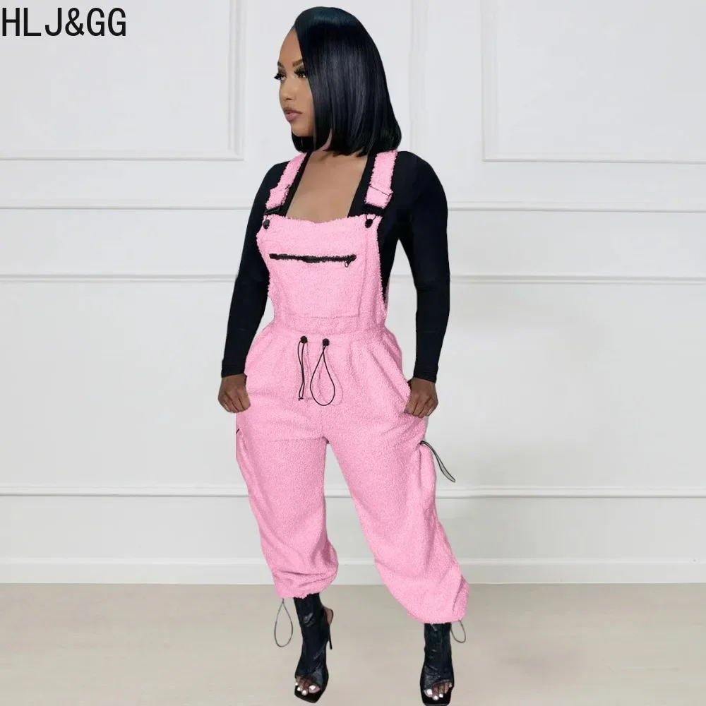 HLJ&GG Autumn Casual Solid Jogger Pants Jumpsuits Women Strap Sleeveless Drawstring Playsuits Female Sporty Overalls Clothing