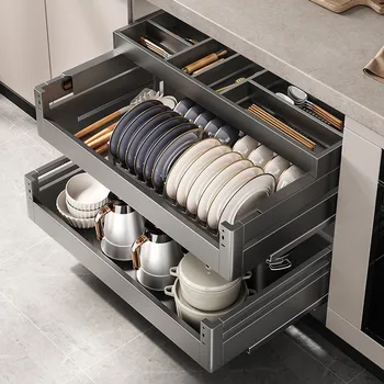 ห้องครัวดึงตะกร้าตู้สแตนเลสสามชั้นลิ้นชักประเภทเครื่องปรุงรสจานเก็บตะกร้าจาน 1