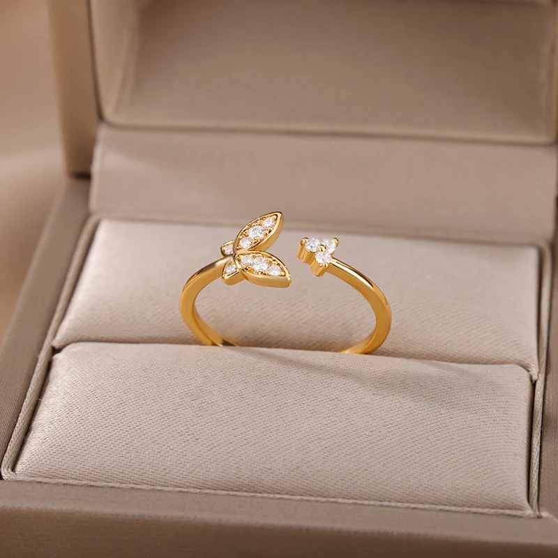 Tiny Zircon Butterfly Rings Stainless Steel