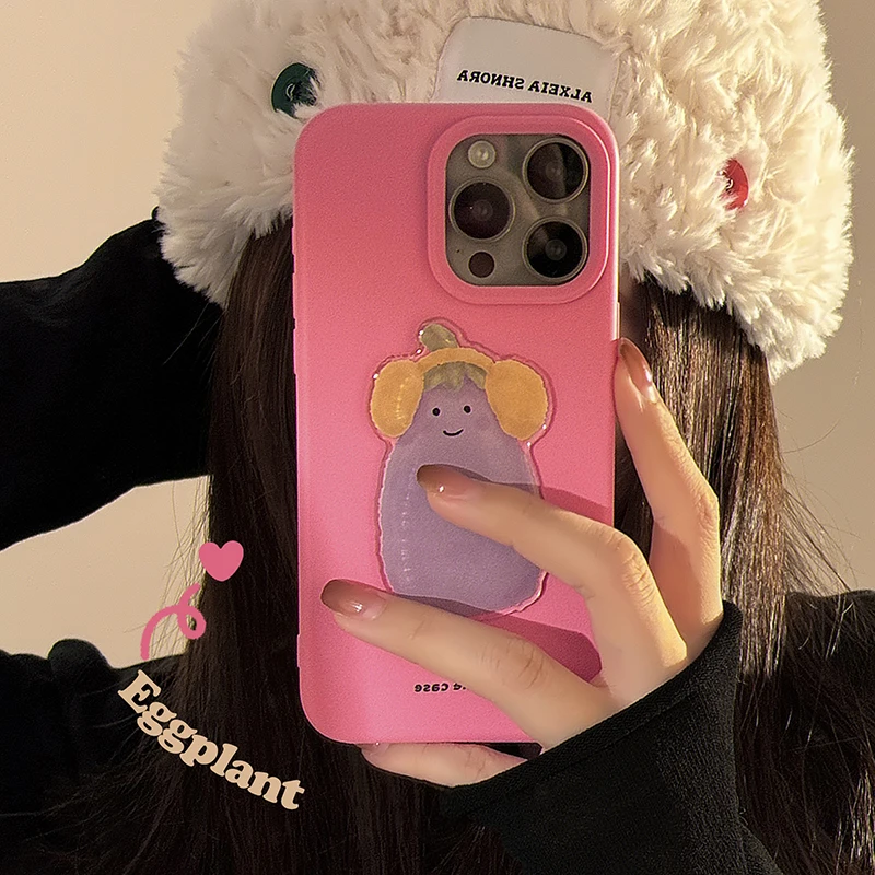 Cute Happy Smile 3D Eggplant Matte Soft Silicone Case For iPhone 16 15 13 14 12 Pro Max 16 Plus Phone Back Cover