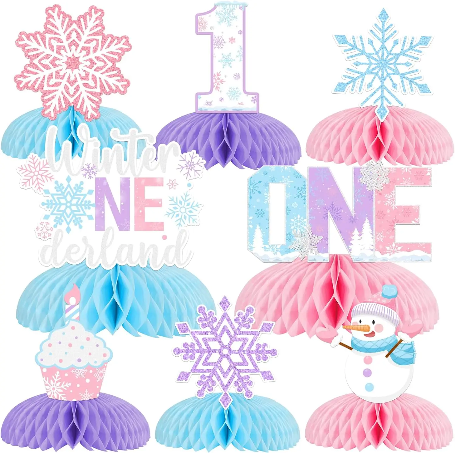 

8 PCS Snowflake 1st Birthday Honeycomb Centerpieces Winter Onederland Party Table Decor for One Year Old Girl First Birthday