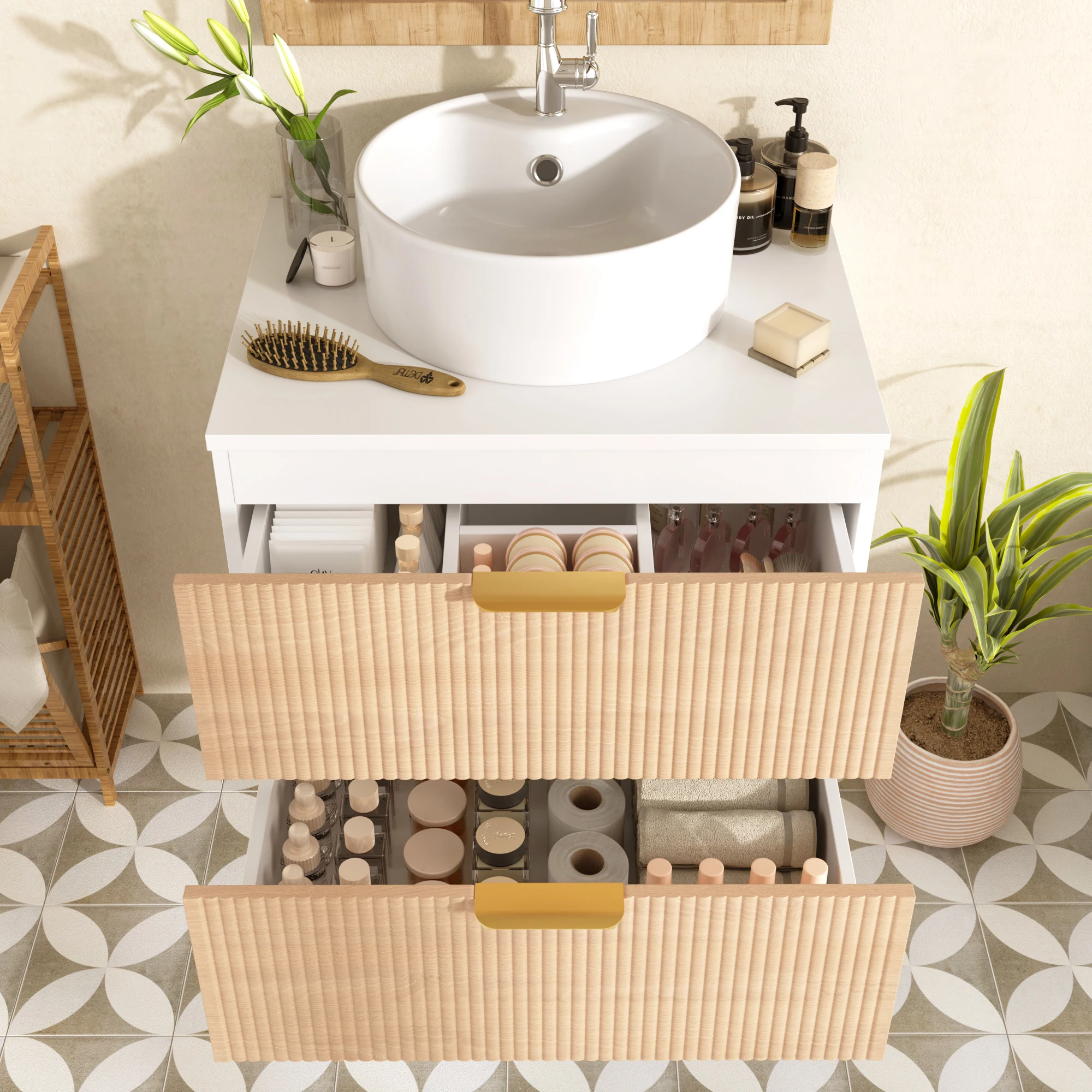 60 cm großer wandmontierter Badezimmerschrank mit rundem Keramikwaschbecken, Holzoptik-Schubladenfronten und 2 Schubladen für viel Stauraum. – Detail 15