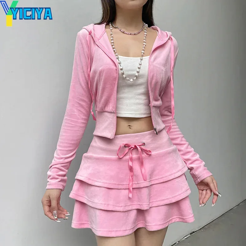 

YICIYA velvet skirts set Sweet girl pink hooded sweater jacket with tie up multi-layer cake velour short skirt suit 2023 fashion