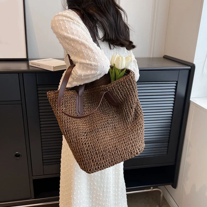 Women Shouder Bag Bohemian Straw Handbag Summer Beach Woven Underarm Bag Large Casual Knitted Bag Crochet Tote Bag