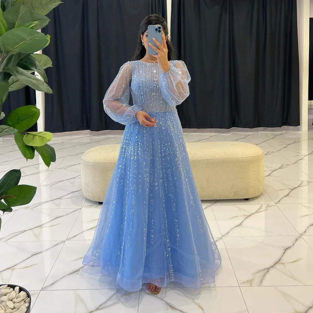 

Sevintage Luxury Blue Beading Crystal Sequined Prom Dresses Long Sleeves A-Line Saudi Arabic Evening Gowns Formal Occasion Dress
