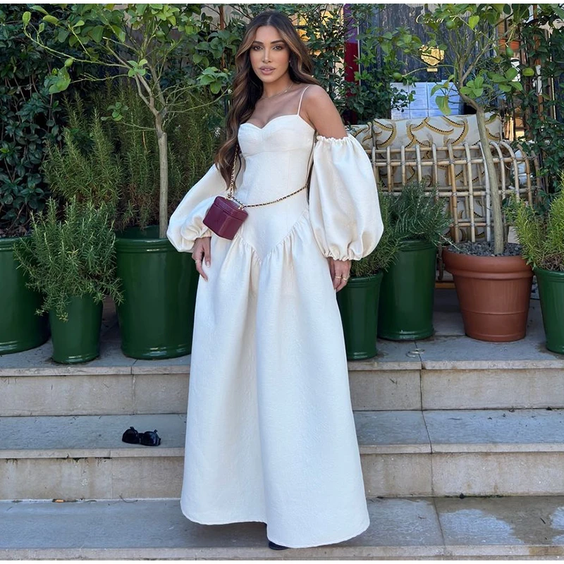 Elegant Puff Sleeve Sling Dresses Women Retro White Slim Fit Tube Dress Female Autumn Summer Versatile Street Party Evening