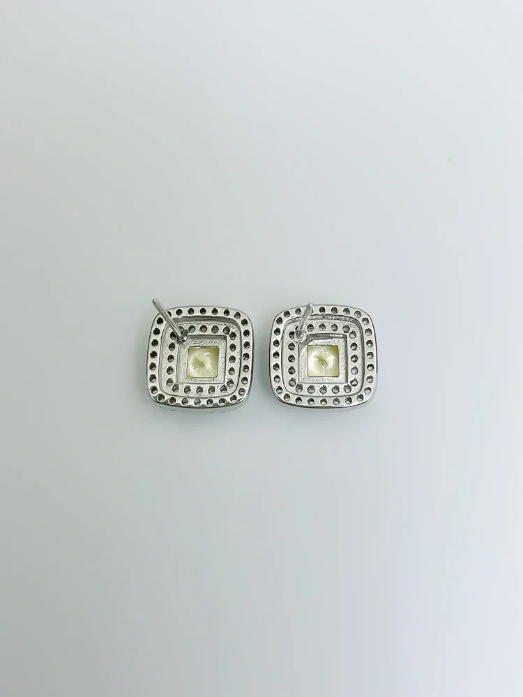 Light Luxury Yellow Diamond Princess Square 925 Silver Ear Ring High Carbon Diamond Simple Daily Engagement Jewelry Wholesale