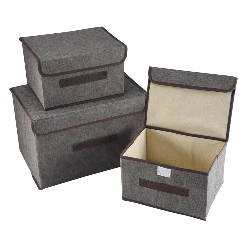 

3 Pack Foldable Storage Boxes With Lids,Fabric Storage Basket Organiser For Wardrobe,Closet,Shelf(Gray)