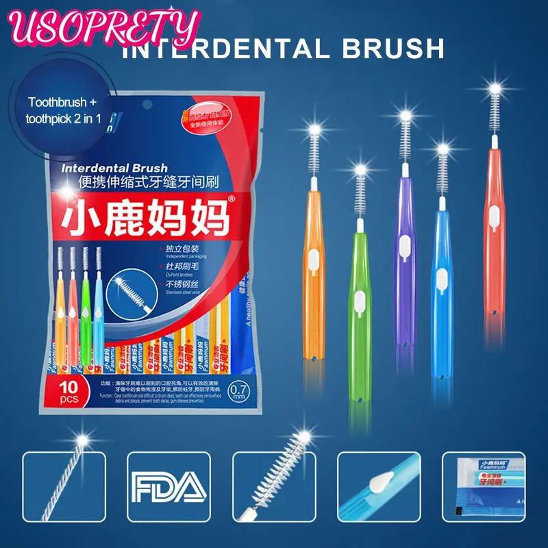 

10pcs Interdental Brush For Cleanning Teeth Floss Food Toothpick 0.6-1.0mm Correction Tooth Gap Cleaning Brush Oral Care Tool