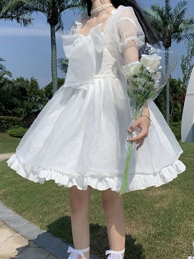 Japanese Sweet Lolita Dress Women Kawaii Bow Puff Sleeve White