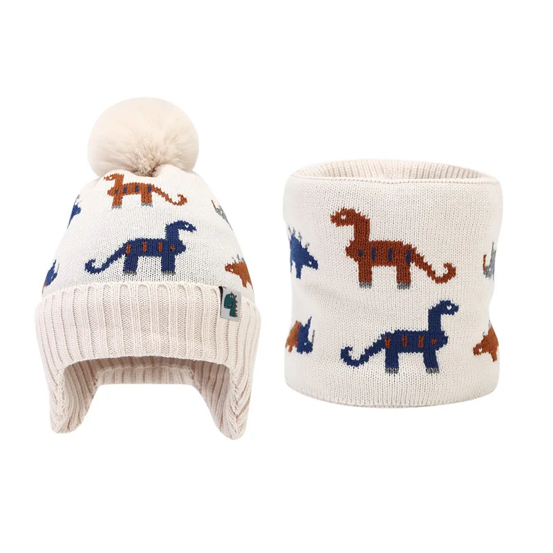 New Winter Cartoon Dinosaur Children Hat Scarf Set Plush Knitted Hat Neck Set Boys Girls Ear Protection Woolen Two Piece