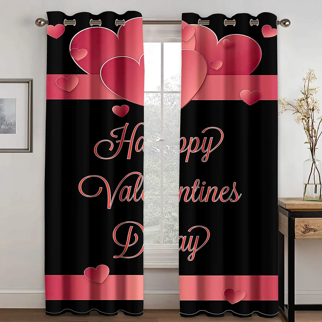 

Black Pink Heart Happy Valentine's Day Window Curtains Blinds For Living Room Kids Bedroom Bathroom Kicthen Door Home Decor2Pcs