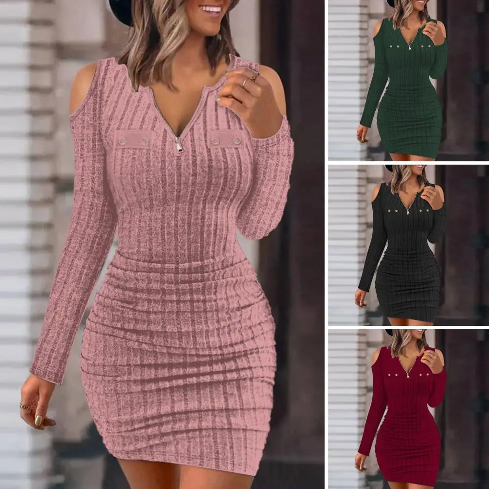 

Women Dress Stylish Fall Winter Women's Knitted Dress with Zipper V Neck Off Shoulder Design Slim Fit Sheath for Commute for A
