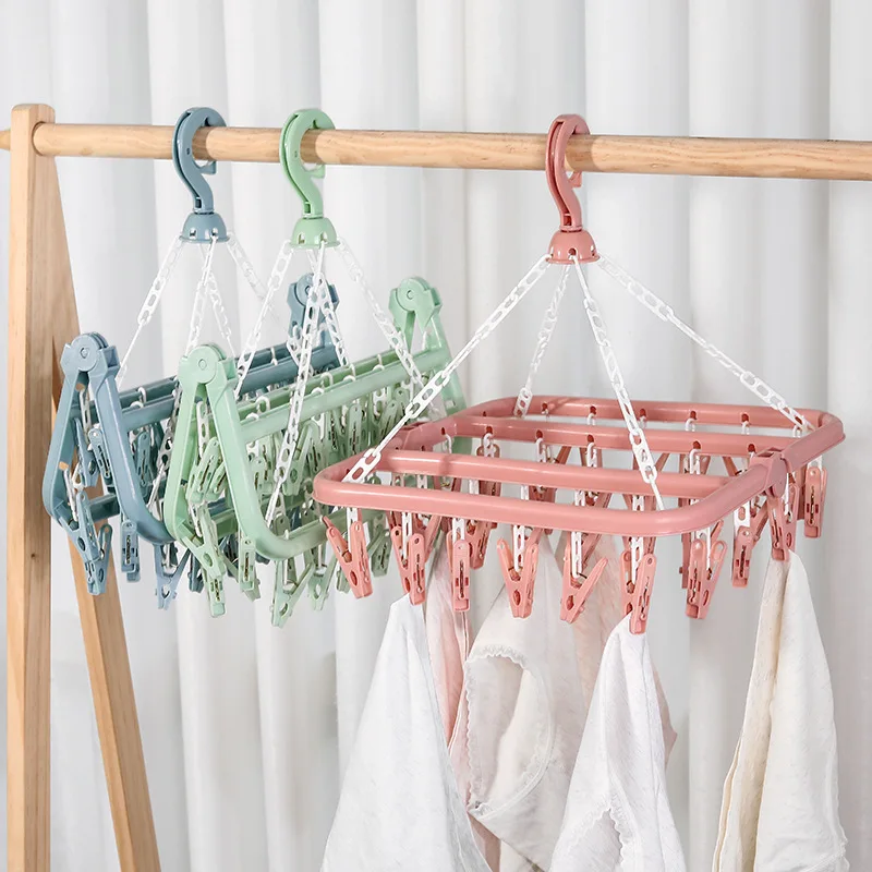 Folding Hanging Hanger 32 Clip Multifunctional Windproof Socks' Clip Drying Rack Household Plastic Clothes Socks Drying Hanger