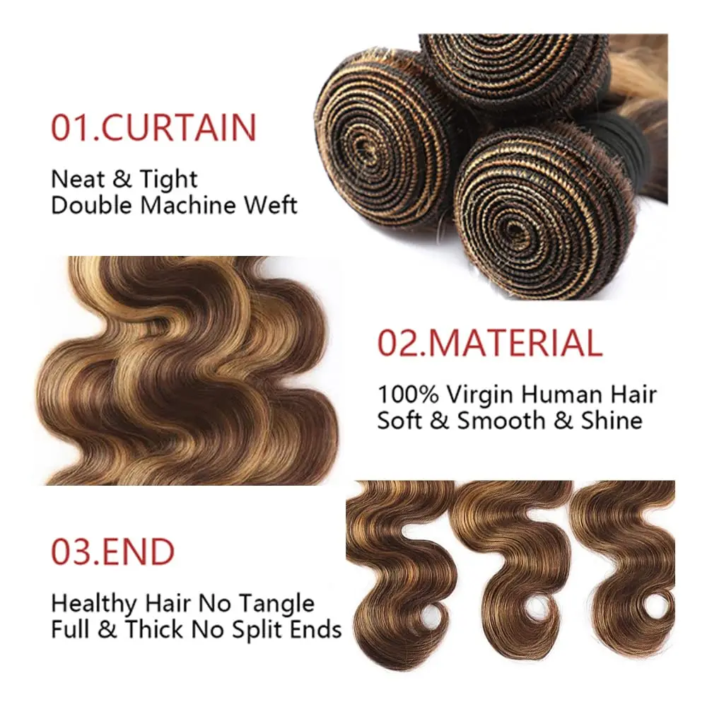 Body Wave Bundles P4-27 Highlight Human Hair Bundles 100% Human Hair Brown Remy Weave Extensions for Women human hair bundles