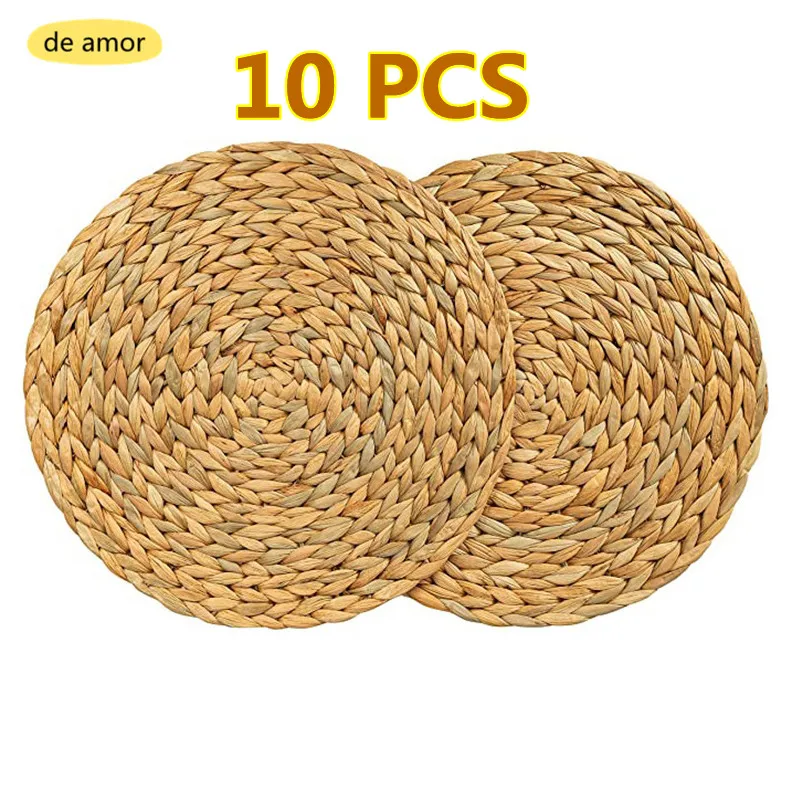 10pcs Natural Table Mat Handmade Water Hyacinth Woven Placemat Round Braided Mat Heat Resistant Hot Insulation Anti-Skidding Pad
