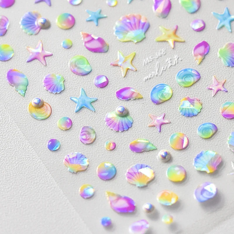 Fantasy Beach Summer Dreamy Colorful Seasnail Shell Pearl Conch Jelly Star 5D Decals Soft Relief 3D Decoration Nail Art Stickers 3