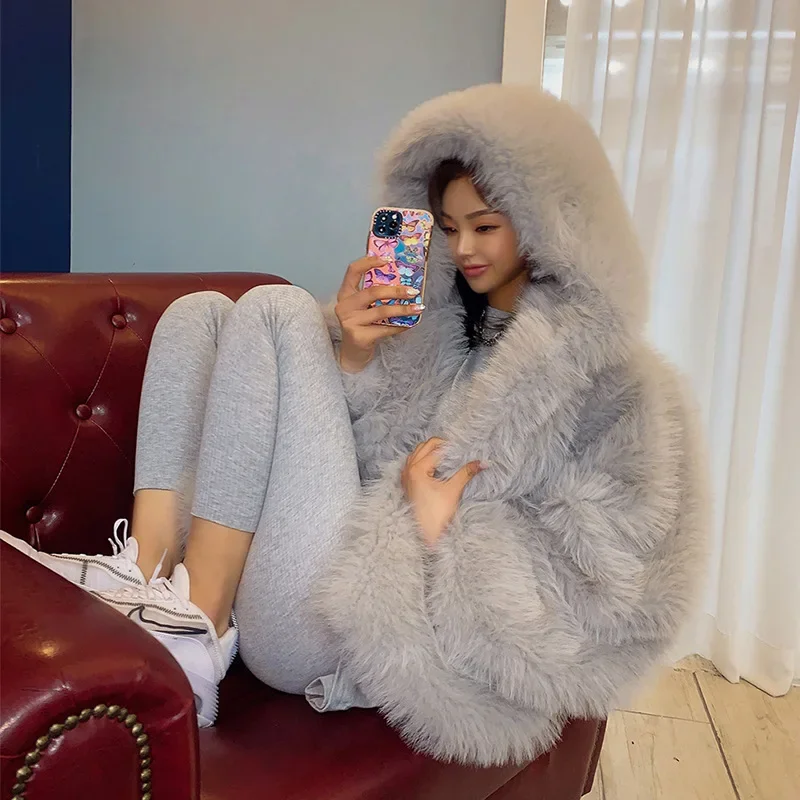 Artificial Fox Fur Grass Coat for Women's Short Winter Hooded Loose Lazy Knitted Thick Warm Fur Outerwear Long Sleeve Jackets