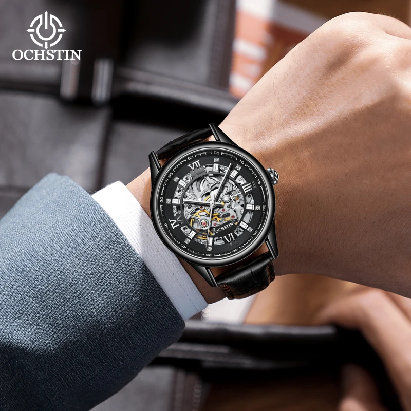 Gift New Fashion Men Sports Mechanical Watches Male Luxury Leather Strap Black Dial Automatic Military Wristwatch OCHSTIN