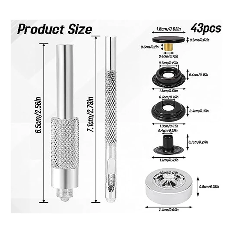 43 Delige Snap Kit Metalen Kledingstuk Drukknopen Met 3 Stuk Snap Bevestigingsgereedschap Voor Kledingzakken, Jassen, Ambachtelijke Benodigdheden