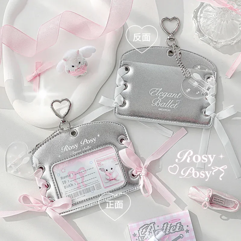Lace Kpop Photocard Holder Sweet Chic Sliver Color Student ID Card Cover Case with Key Ring Bow Ribbon Photo Card Protector 3