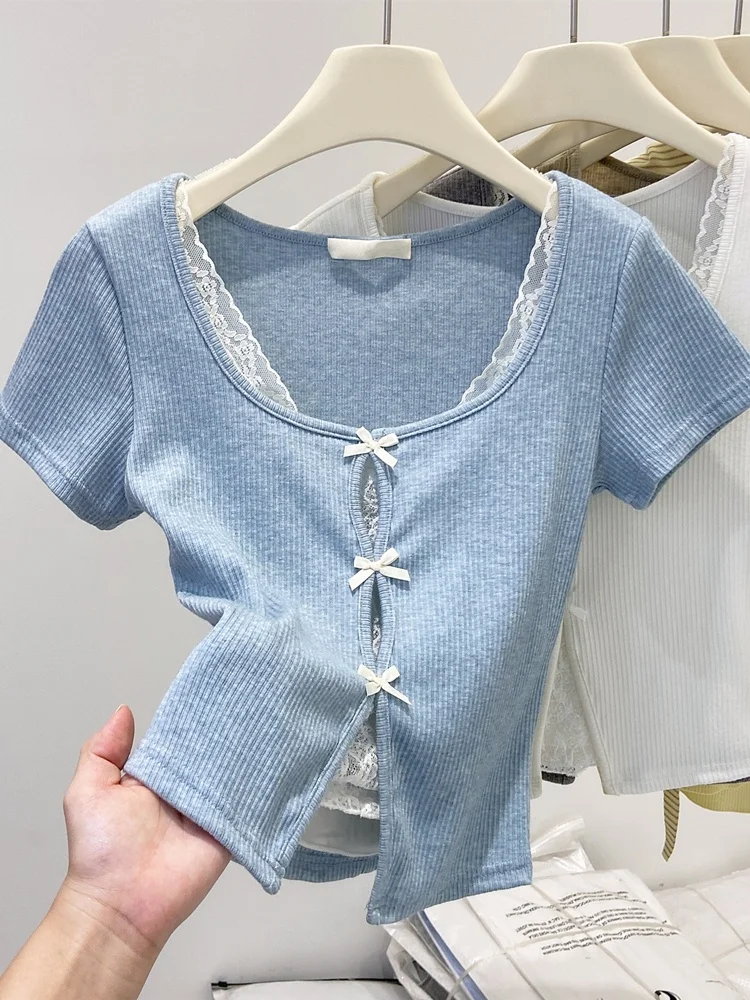 Summer New Sle Pure Desire Sweet And Spicy ort Design Sense Fake Two-Piece  Knot Lace U-Ne ort Sve T-ir...