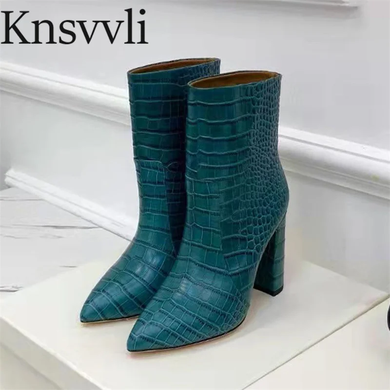 

Женские ковбойские сапоги из крокодиловой кожи, модельные сапоги до середины икры на устойчивом каблуке, с острым носком, без застежки