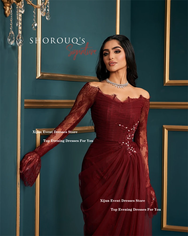 Mermaid Evening Prom Dresses Off The Shoulder Pleats Appliques Dubai Formal Gowns Customized Women Prom Dresses