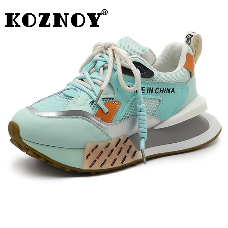 

Koznoy 7cm Air Mesh Genuine Leather Women Platform Vulcanize Summer Hidden Heel Breathable Lady Chunky Sneakers High Brand Shoes