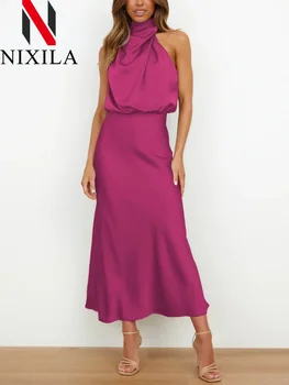 New in Summer Wedding Satin Silk Women Dresses Sexy Evening Party Sleeveless Off Shoulder Bodycon Elegant Maxi Dresses for Women