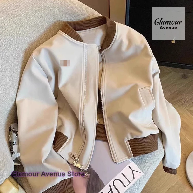 American retro street baseball uniform jacket women's spring and autumn new contrast thin casual Joker short jacket top. 1