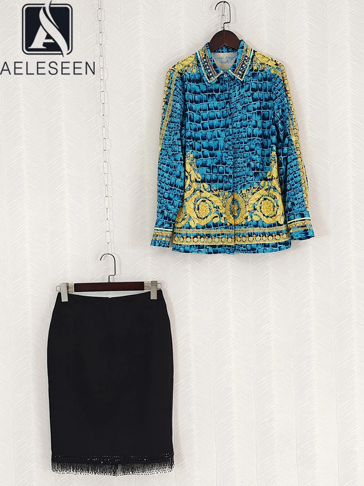 

AELESEEN Designer Fashion Twon Piece Sets Spring Autumn Blue Leopard Print Beading Diamonds Blouse + Black Tassel Mini Skirt Set