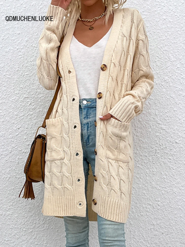 

Women's Sweater 2023 New Knit Clothing Autumn Winter Fashion Mid Length Version Long Sleeved Top Slim Fit Coat Button Cardigan