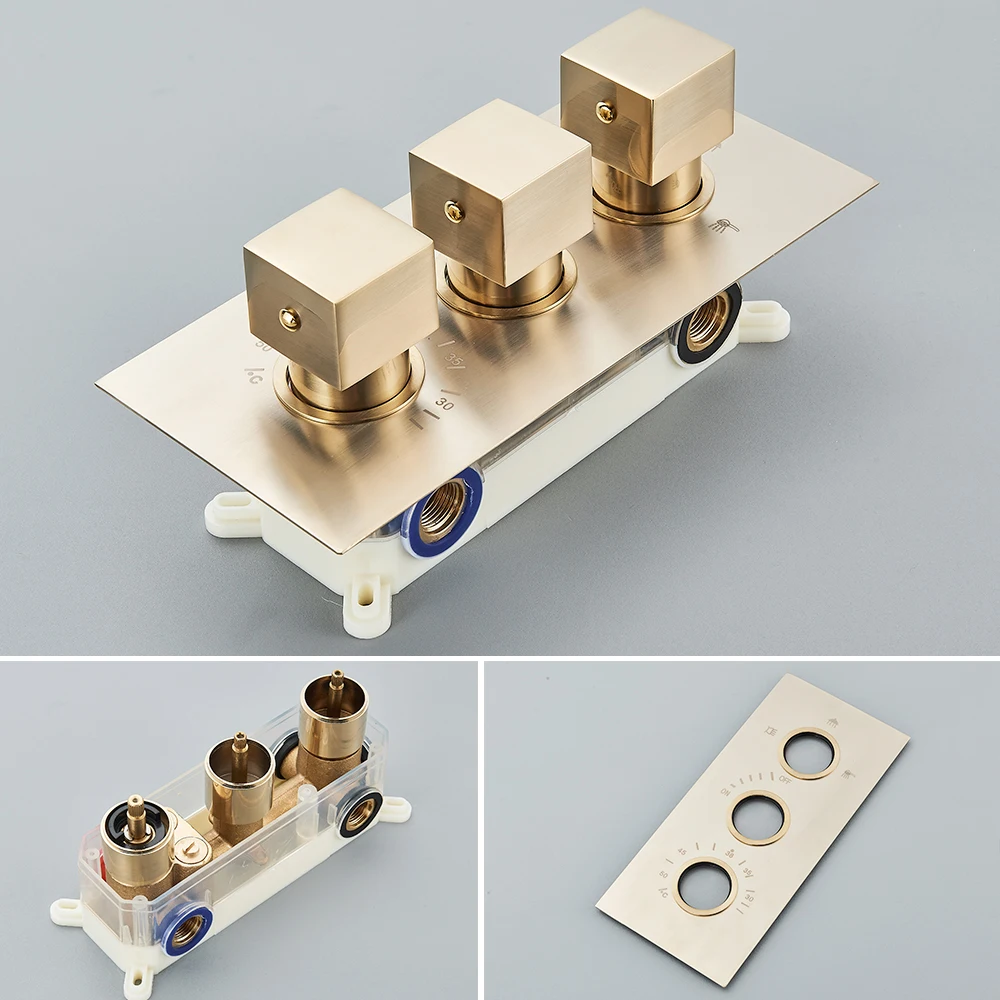 Brass Thermostatic Mixer Valve Embedded Concealed Bathroom Shower Faucet Thermostatic Cartridge 3 Way Temperature Control Spool