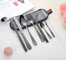  9 Pieces Set of Stainless Steel Tableware Set Outdoor Portable Knife Fork Spoon Chopsticks Straw Western Tableware Travel Gift 