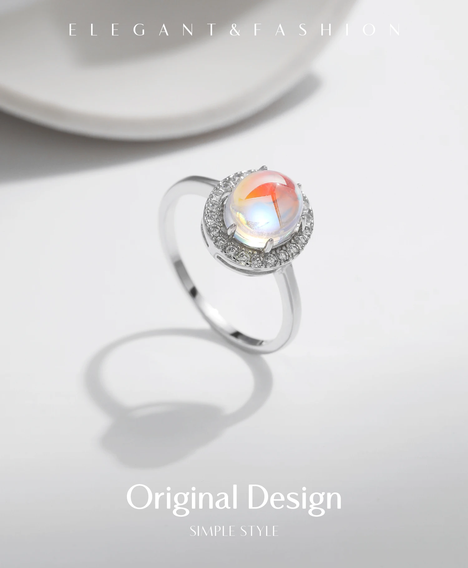 MODIAN 925 Sterling Silver Delicate Luxurt Oval Moonstone Party Finger Ring Shiny Rainbow Color Fine Jewlry For Women Gift