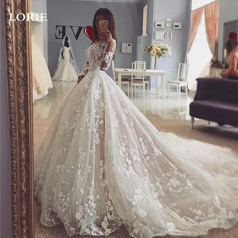 LORIE 3D Lace Wedding Dresses 3D Lace Long Sleeve Appliques Bride Dress Vintage Appliques Wedding Gowns Customized