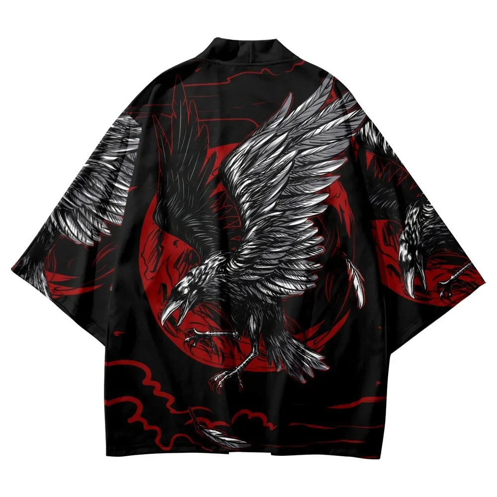 Fashion Crow Print Cardigan Kimono Harajuku Women Men Yukata Female Japanese Streetwear Traditional Haori Samurai Clothing Robe japanese kimono japanese kimono cardigan japanese kimono shirt