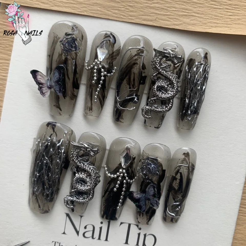 Punk Dragon Charms Press On Nail Unghie Finte Lunghe Artificiali Xs Black Dragons Goth Presson Tips Farfalla Unghie Finte Y2K Pressons