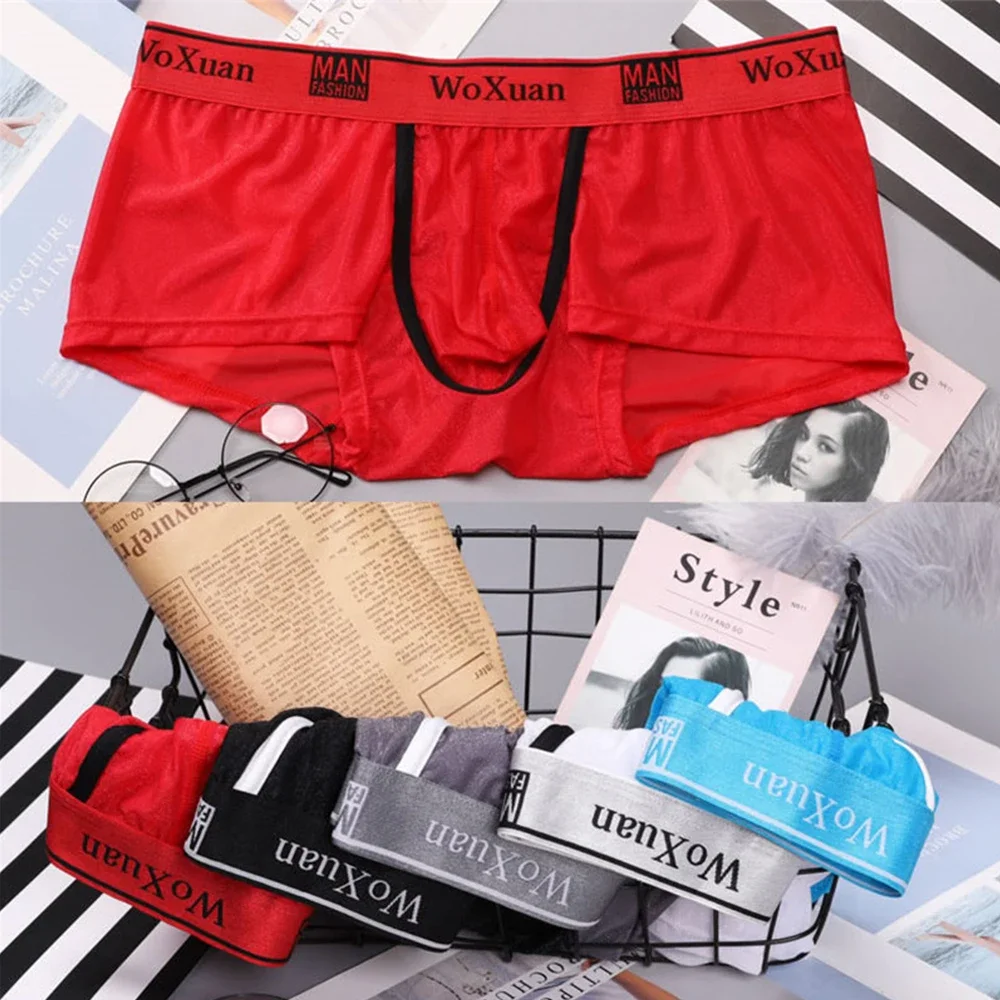 5pcs Men Ice Silk Boxershorts Underwear Male Solid Color Transparent Underpants Boxers Homme Boxershort Sexy Bugle Pouch Panties