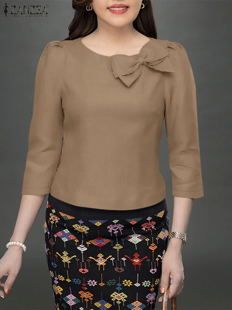 Polyester Elegant Blouse for Women with 3/4 Sleeve and Bowtie