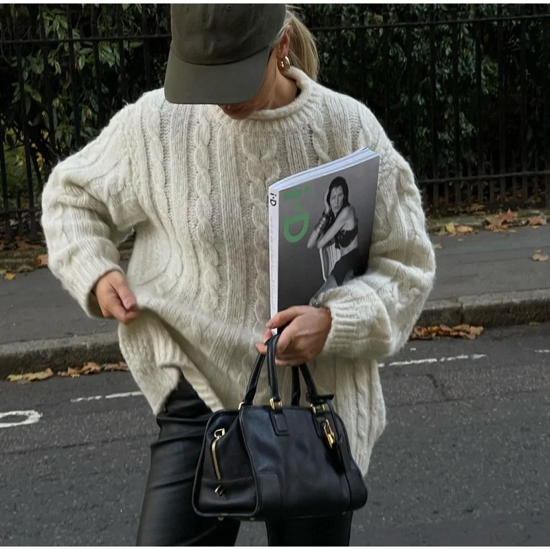 Casual Knitted Long Sleeve Sweaters Women Loose White Half High Neck Pullover Sweater Female Autumn Simple Chic High Street Tops