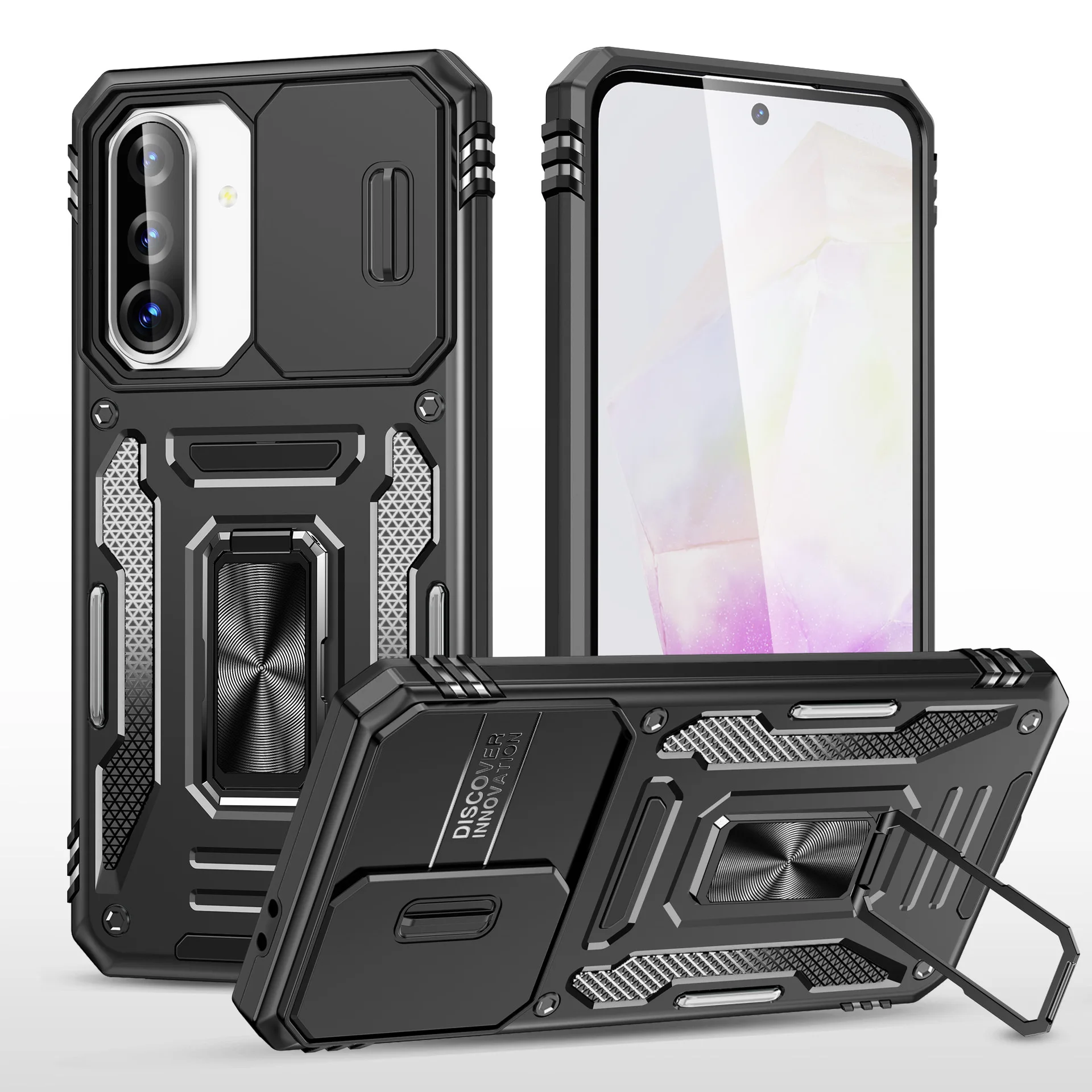 Shockproof Antifall Armor Phone Case with Slide Camera Cover and Kickstand