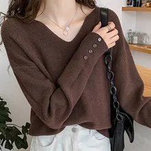 

Women's Sweater Knitted Cotton Clothes for Women Long Sleeve Top Women Solid Weaters White V-neck Clothing Female Basic Sweaters