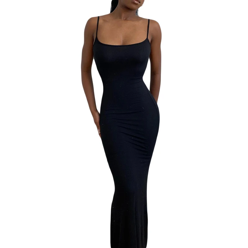 

Women Sleeveless Long Bodycon Fish Tail Dresses Sexy Elegant Spaghetti Strap Solid Color Cocktail Party Dress