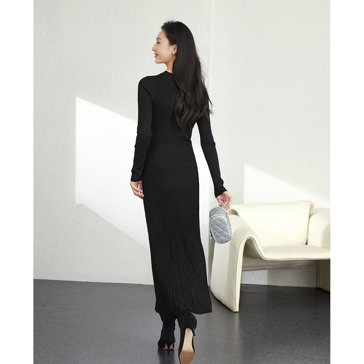 green emerald velvet dress Plaid Wool Dress – Vintage Long Sleeve Winter Midi