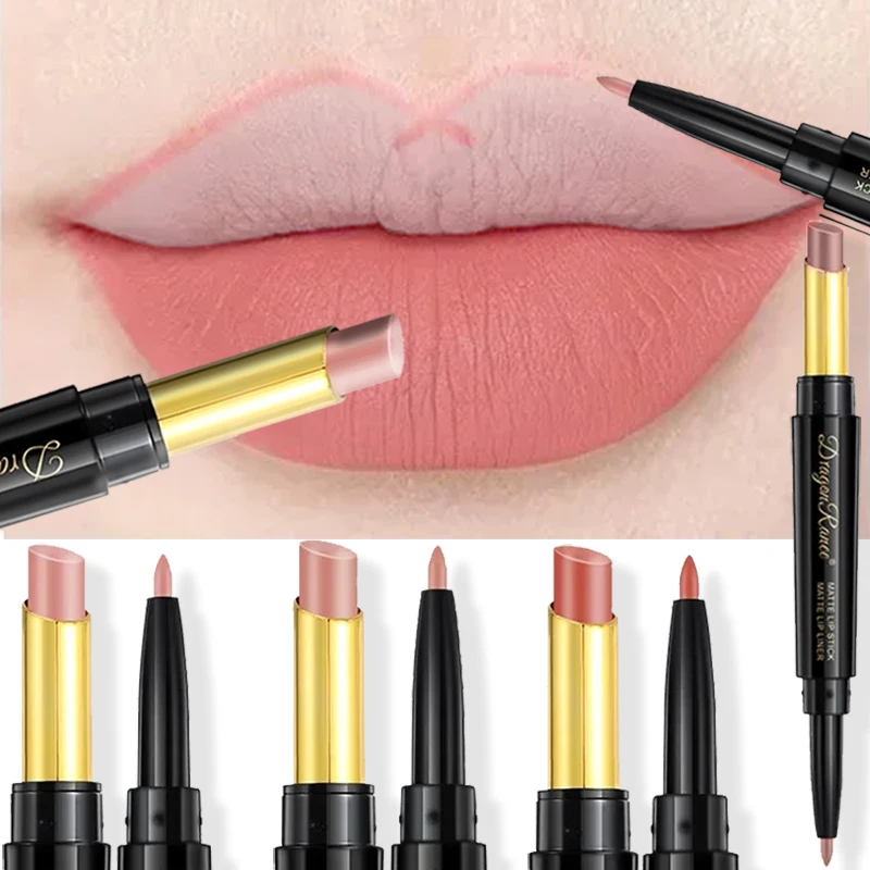 Batom Matte 2 em 1 em Lápis com Ponta Dupla, Delineador Labial em Pasta, Longa Duração, À Prova D'Água, Ideal para Maquiagem Feminina_voghion.com
